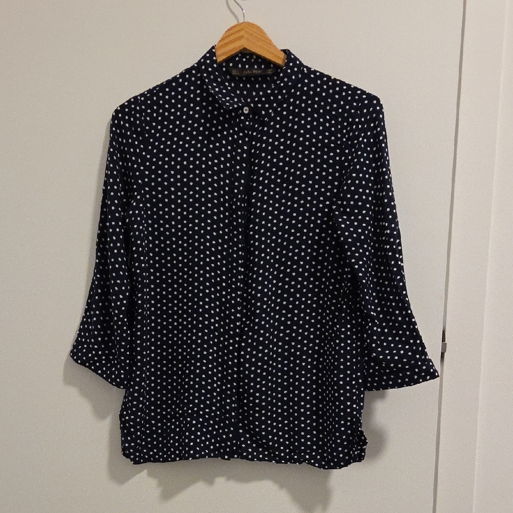 Zara Navy and White Polka Dot Blouse - S